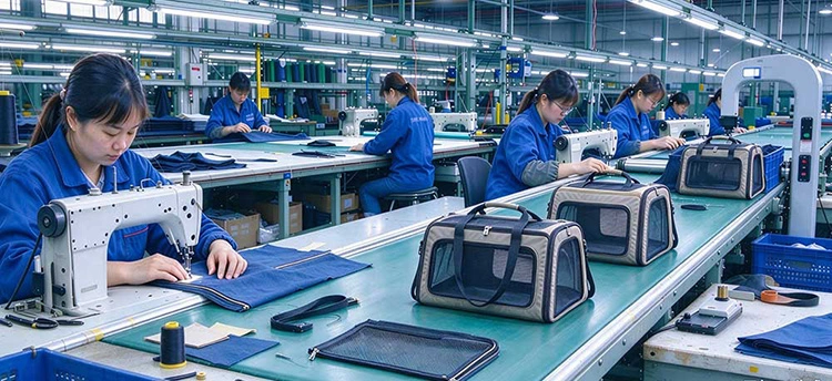 Sewing production line for portable foldable pet travel carriers, pet accessories OEM factory